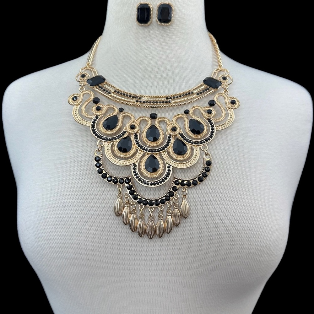 Large Black Bollywood Style Statement Rhinestone Gold Necklace Earrings Set